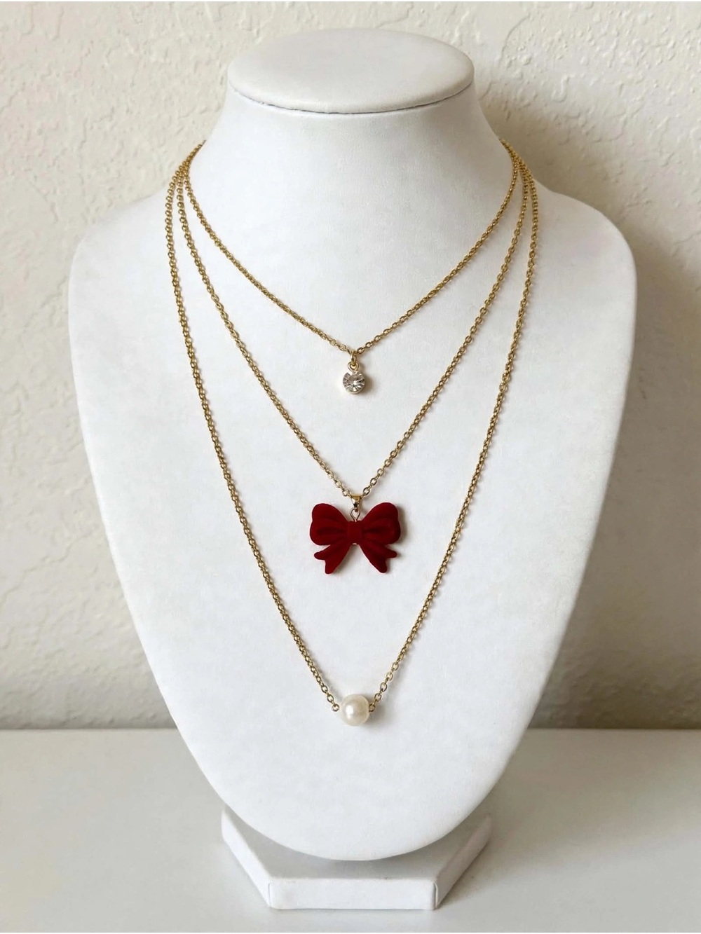 3-Layer 18K Gold Plated Necklace Red Bow Pearl Rhinestone